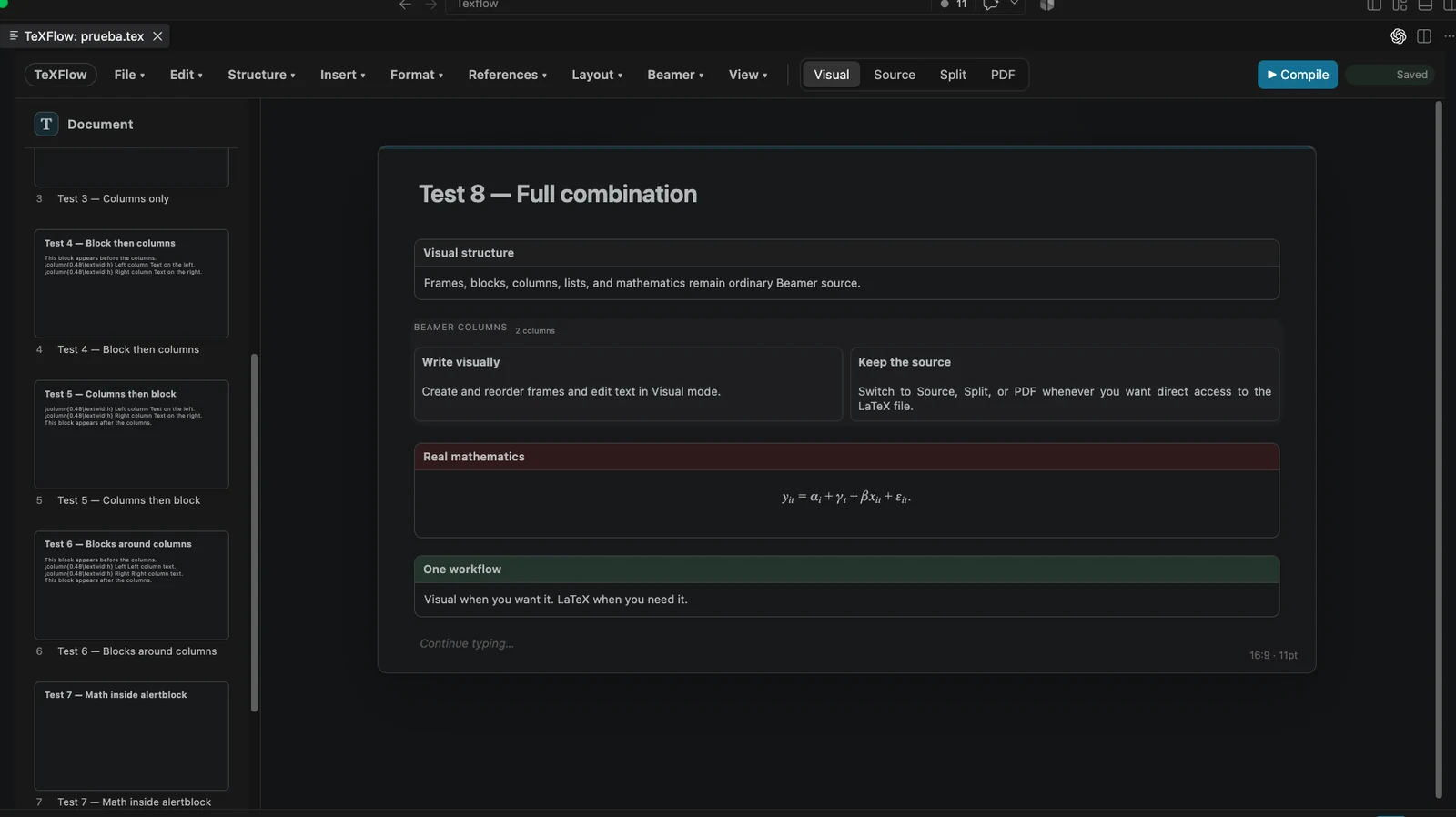 Beamer presentation editing in TeXFlow